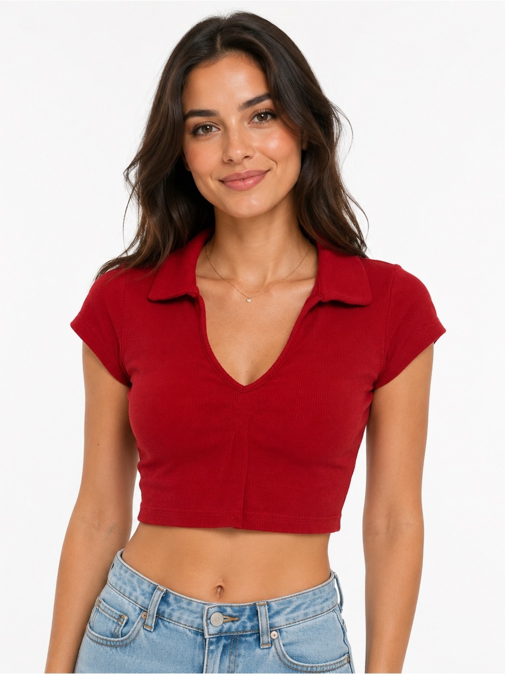 Garage Collared Crop Top Red